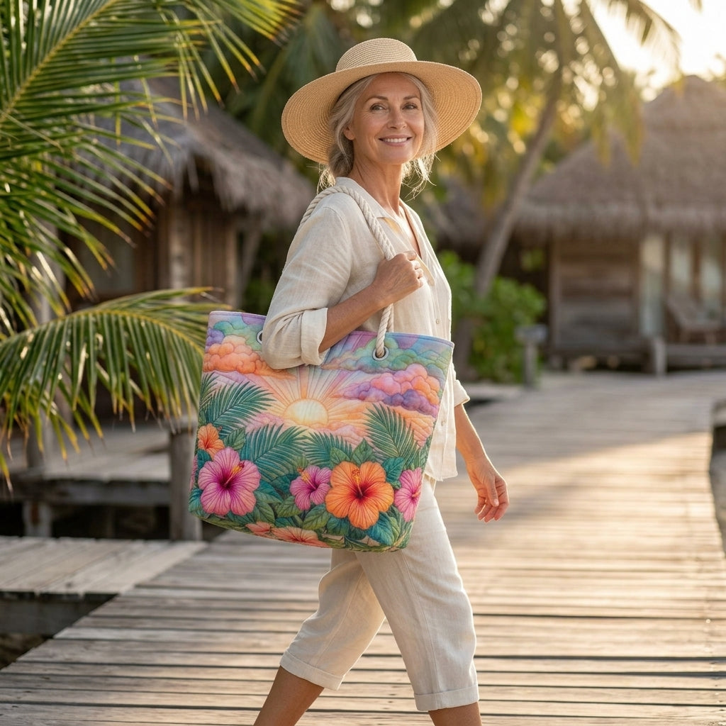Tropisches Morgenrot — handwerklich gesteppte Strandtasche