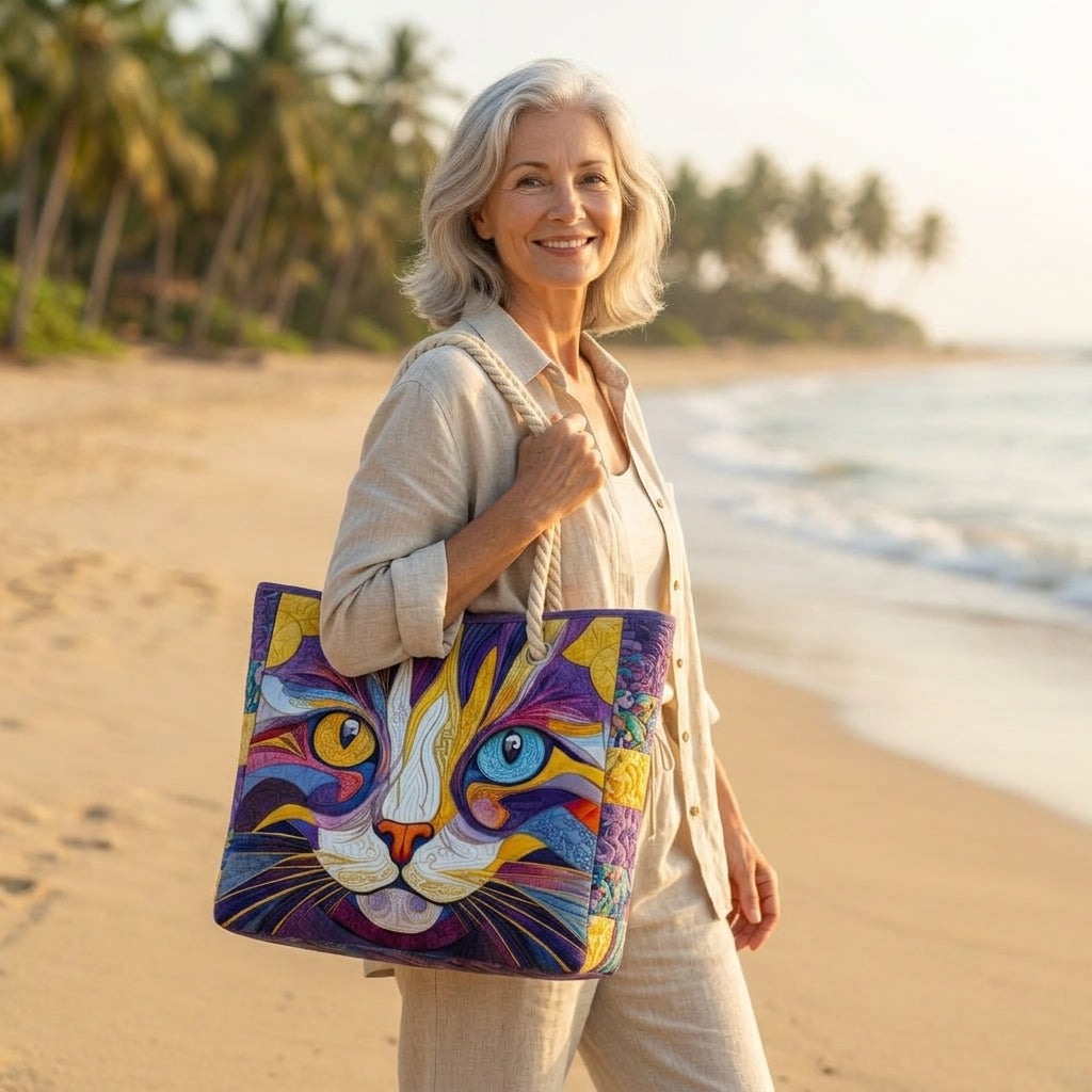 Kattitude — handwerklich gesteppte Strandtasche
