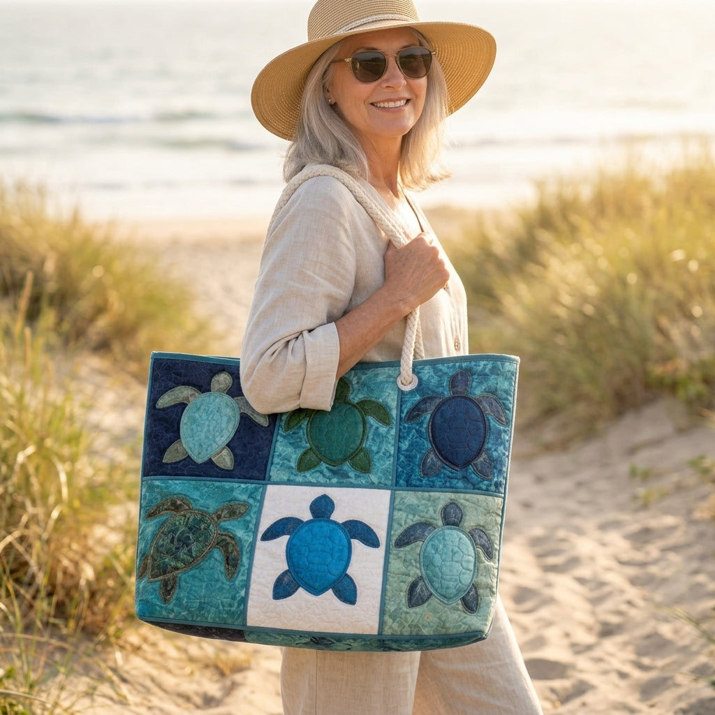Blaue Schildkröte — handwerklich gesteppte Strandtasche