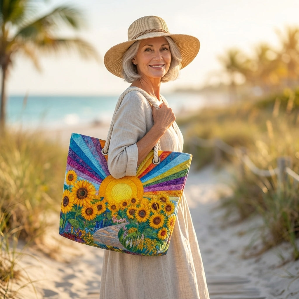 Regenbogensonne — handwerklich gesteppte Strandtasche