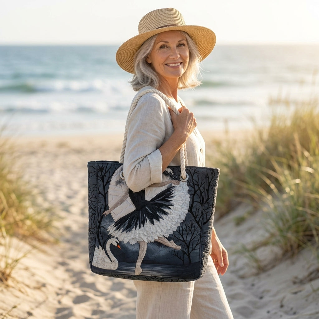 Eleganter Schwan — handwerklich gesteppte Strandtasche
