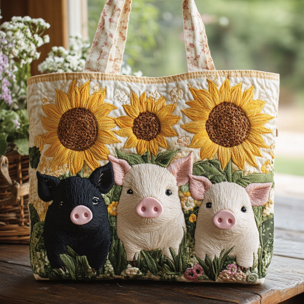 Sonnenblume und Schweinchen — Gesteppter Shopper