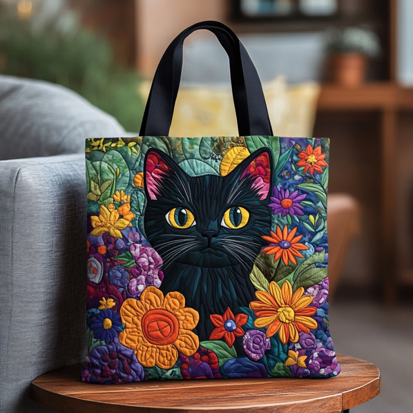 Schwarze Katze mit Blumen — gesteppter Shopper