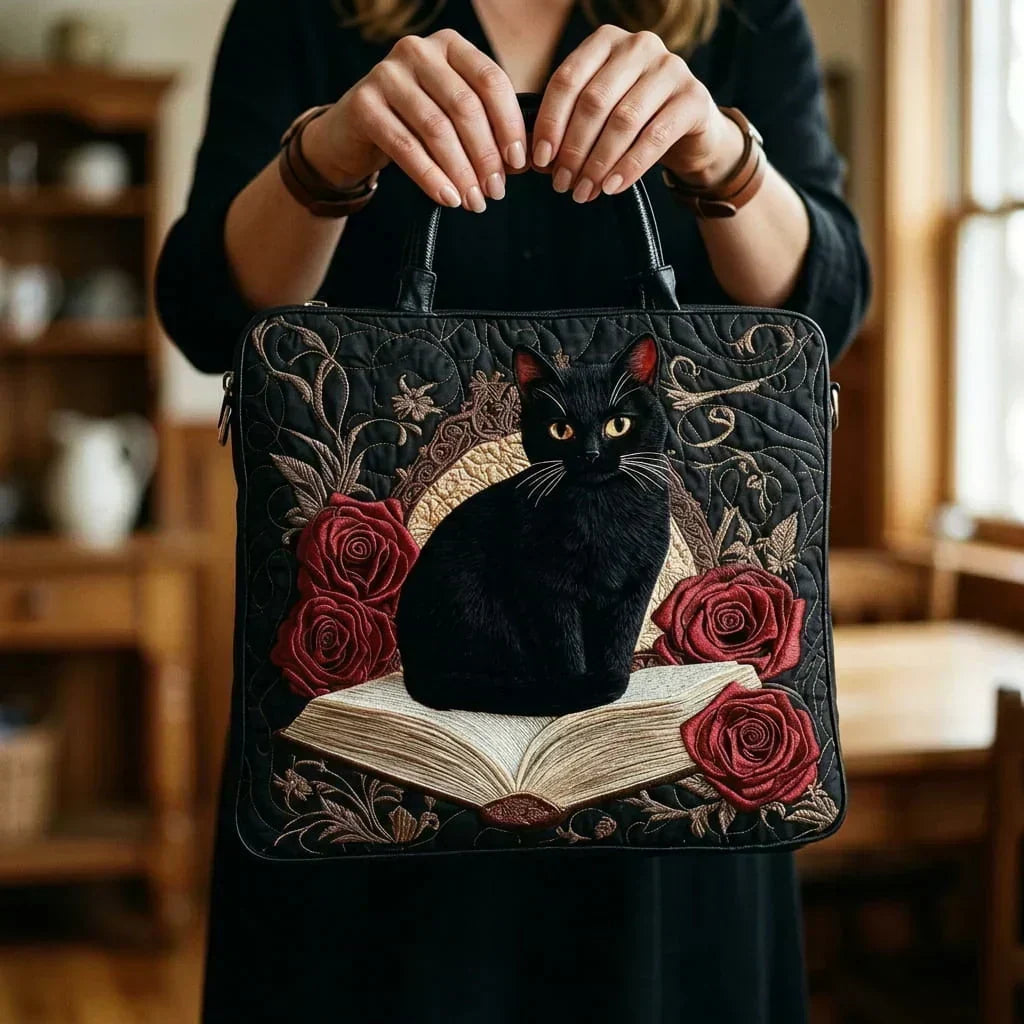 Schwarze Katze auf Büchern — Handwerklich gesteppte Tasche