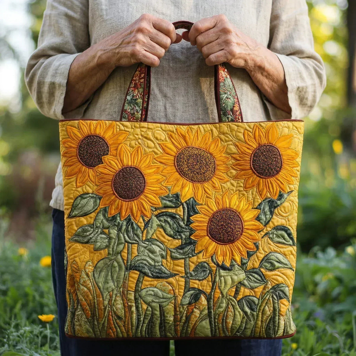 Sonnenblumen — Handwerklich gesteppte Tasche