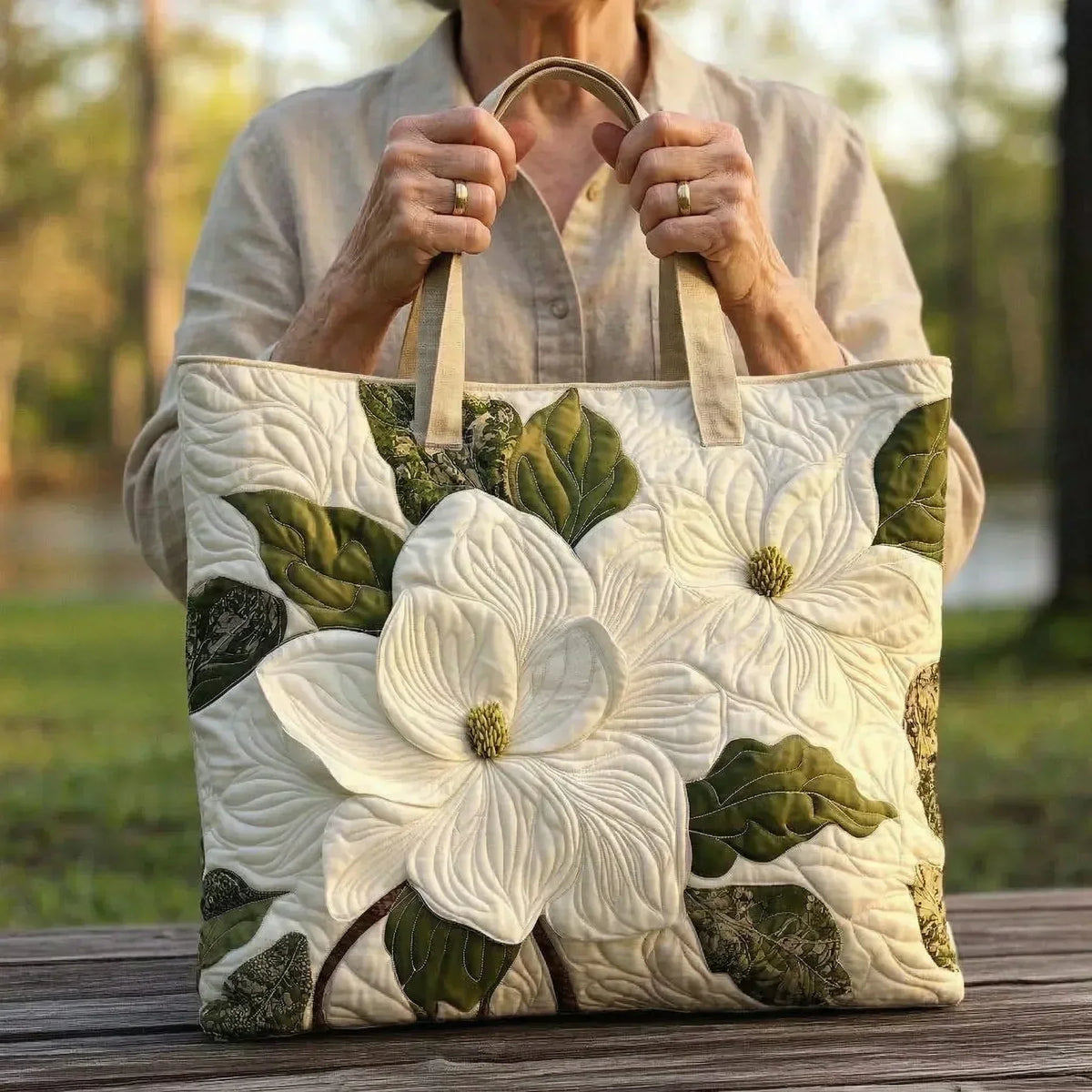 Elegante weiße Lilien — Handwerklich gesteppte Tasche