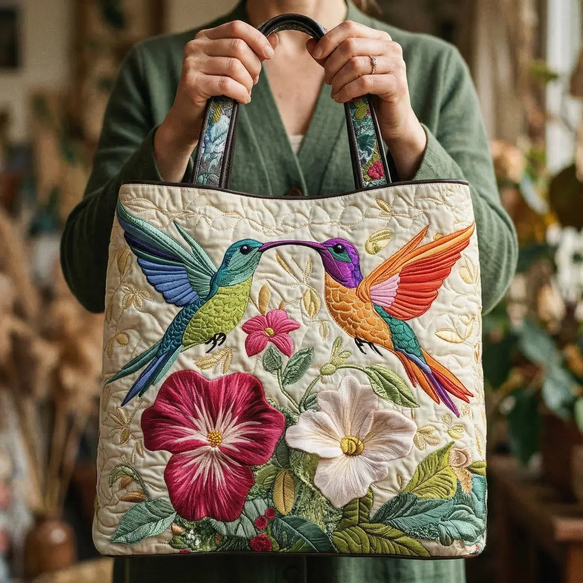 Kolibri und weiße Blumen — handwerklich gesteppte Tasche