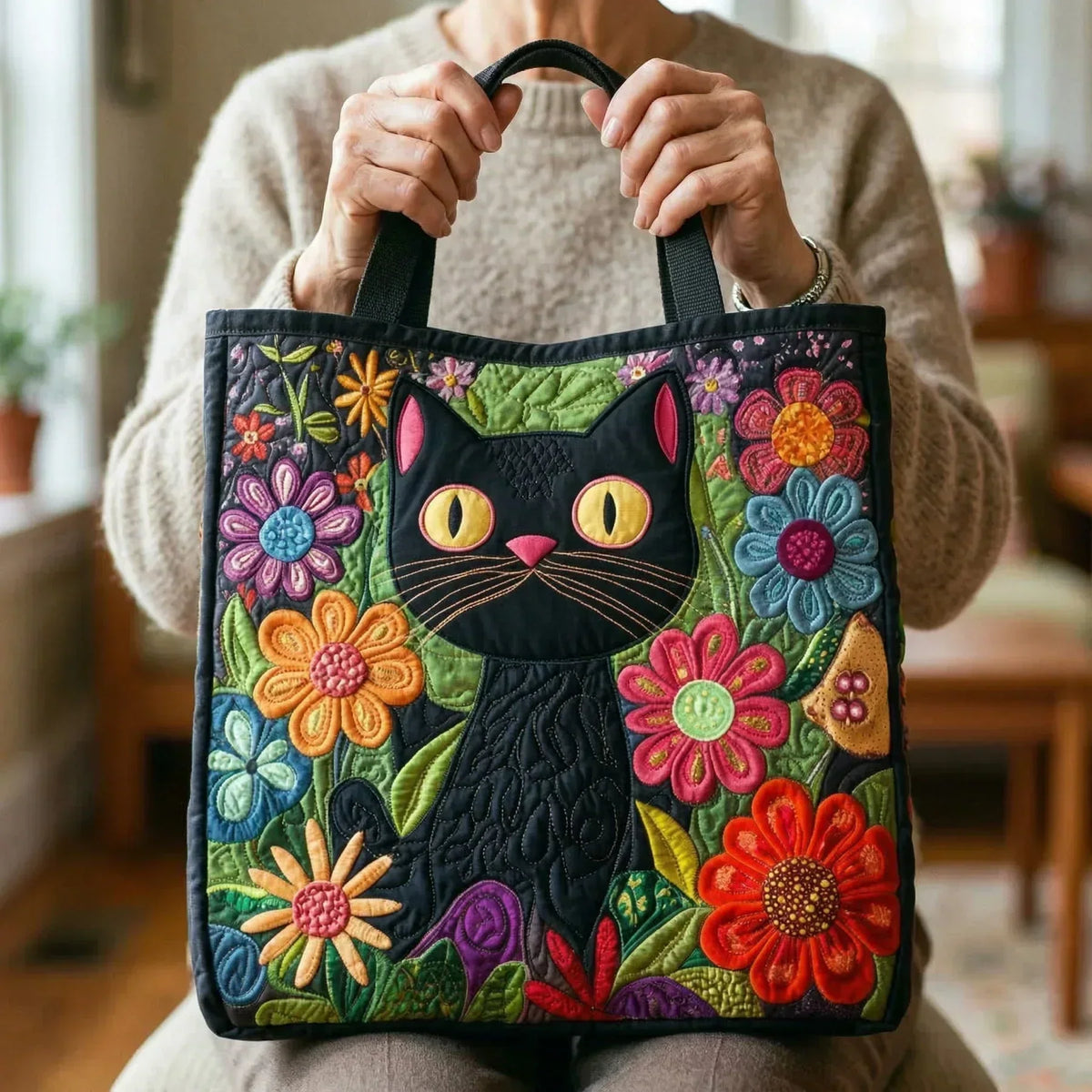 Verzauberte schwarze Katze — handwerklich gesteppte Tasche