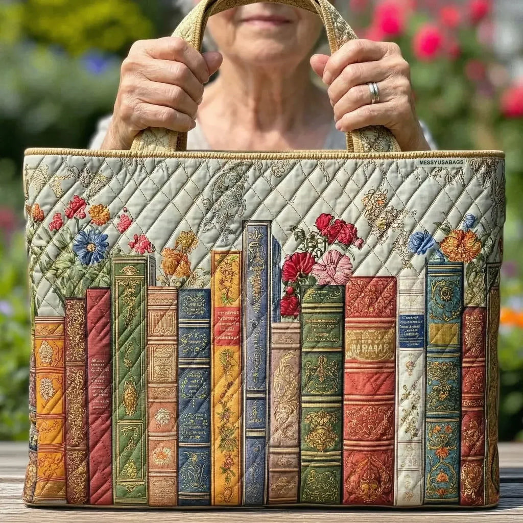 Verzauberte Bibliothek — handwerklich gesteppte Tasche