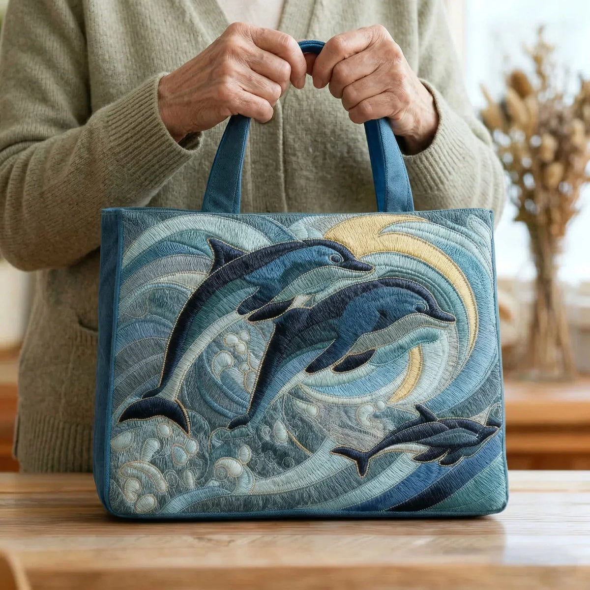Delfin im Ozean — handwerklich gesteppte Tasche