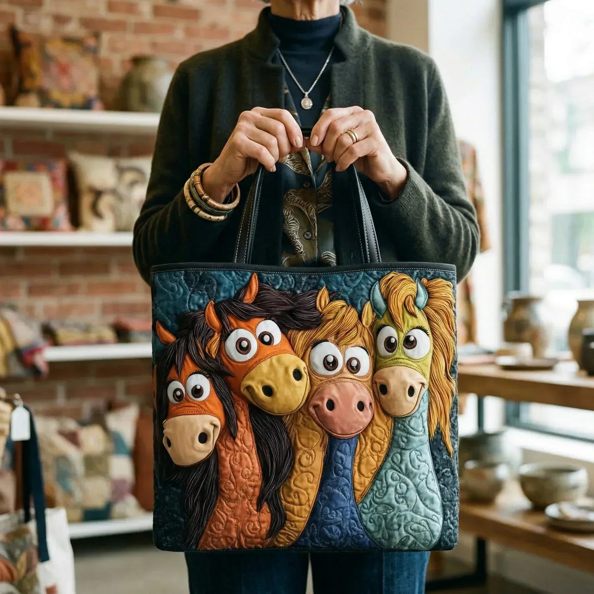 Verspielte Ponys — handwerklich gesteppte Tasche