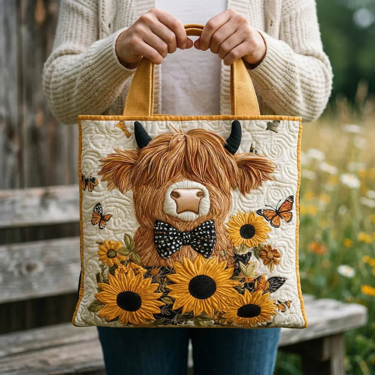 Schottisches Hochlandrind mit Sonnenblumen — handwerklich gesteppte Tasche