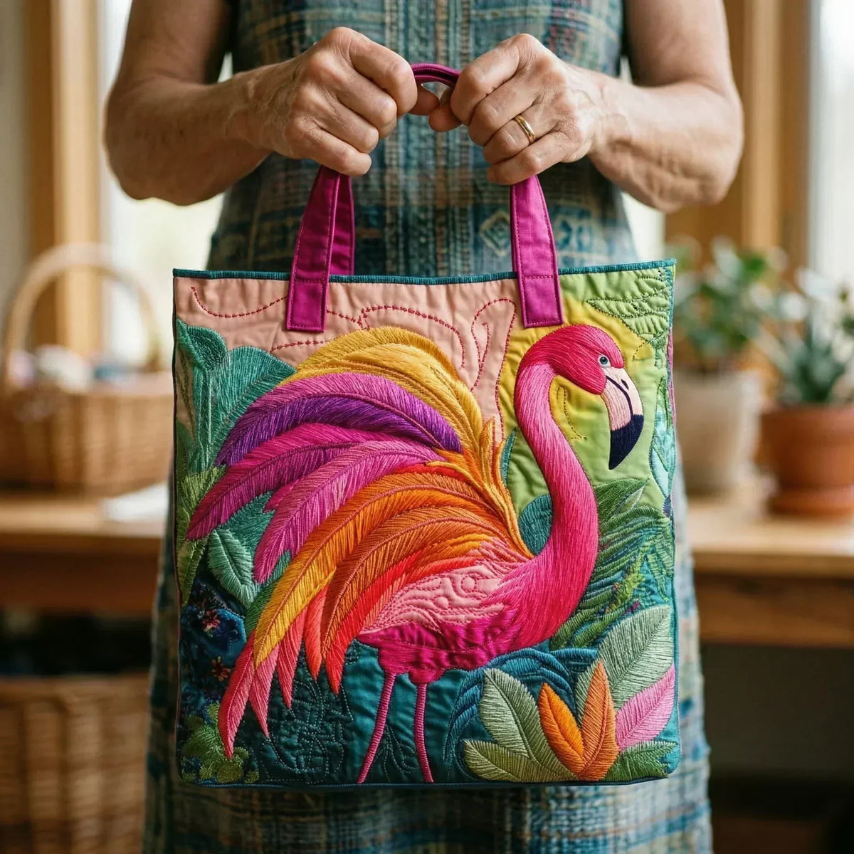 Regenbogenflamingo — handwerklich gesteppte Tasche