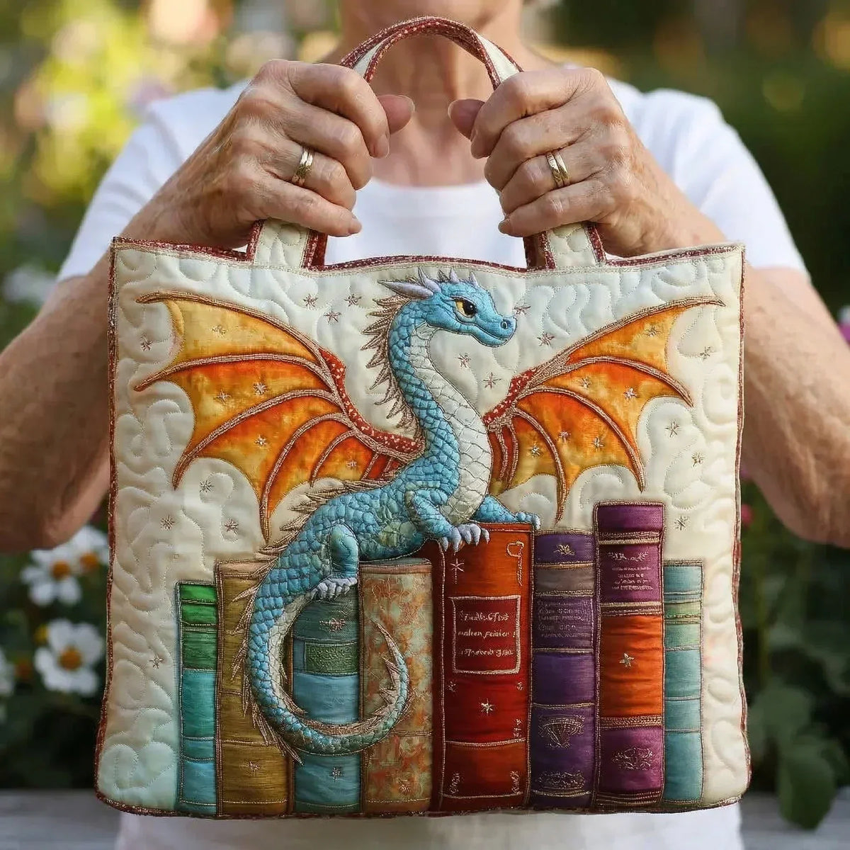 Smaragdgrüner Drache, Bücherwächter — handwerklich gesteppte Tasche