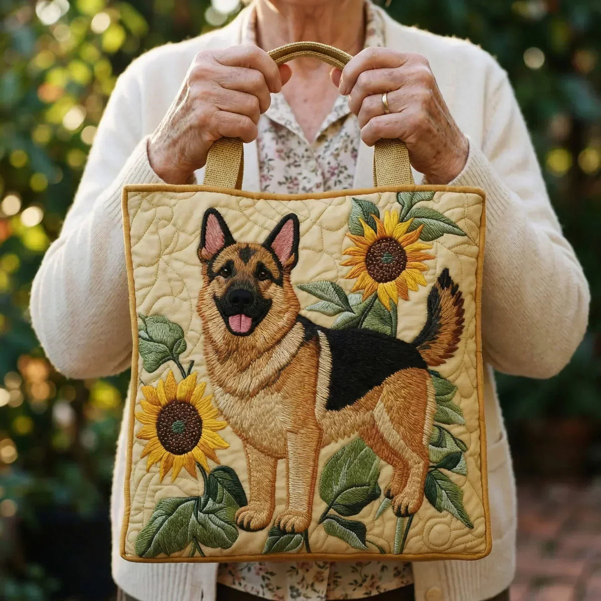 Deutscher Schäferhund mit Blumen — handwerklich gesteppte Tasche